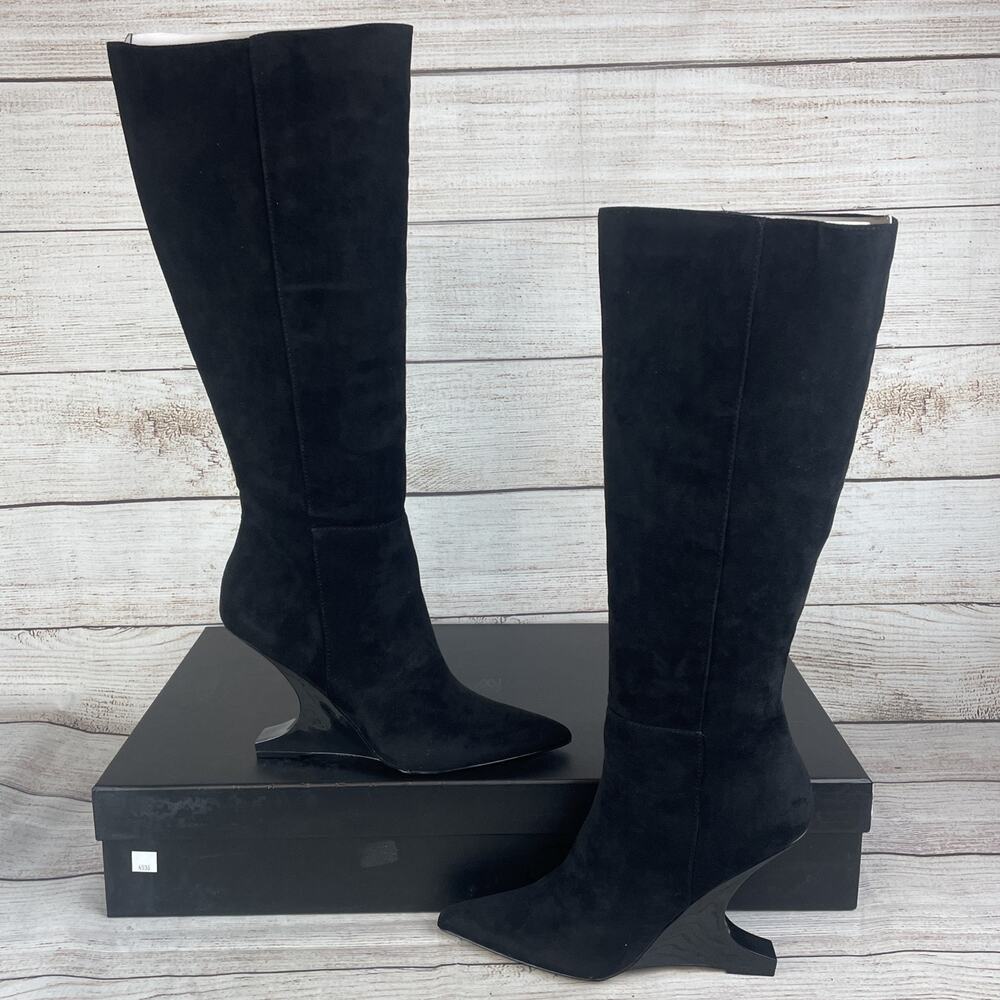 AAJ By Aminah Women's Sz 8.5 Indigo Tall Dress Boots Black Suede Sculpted Heels